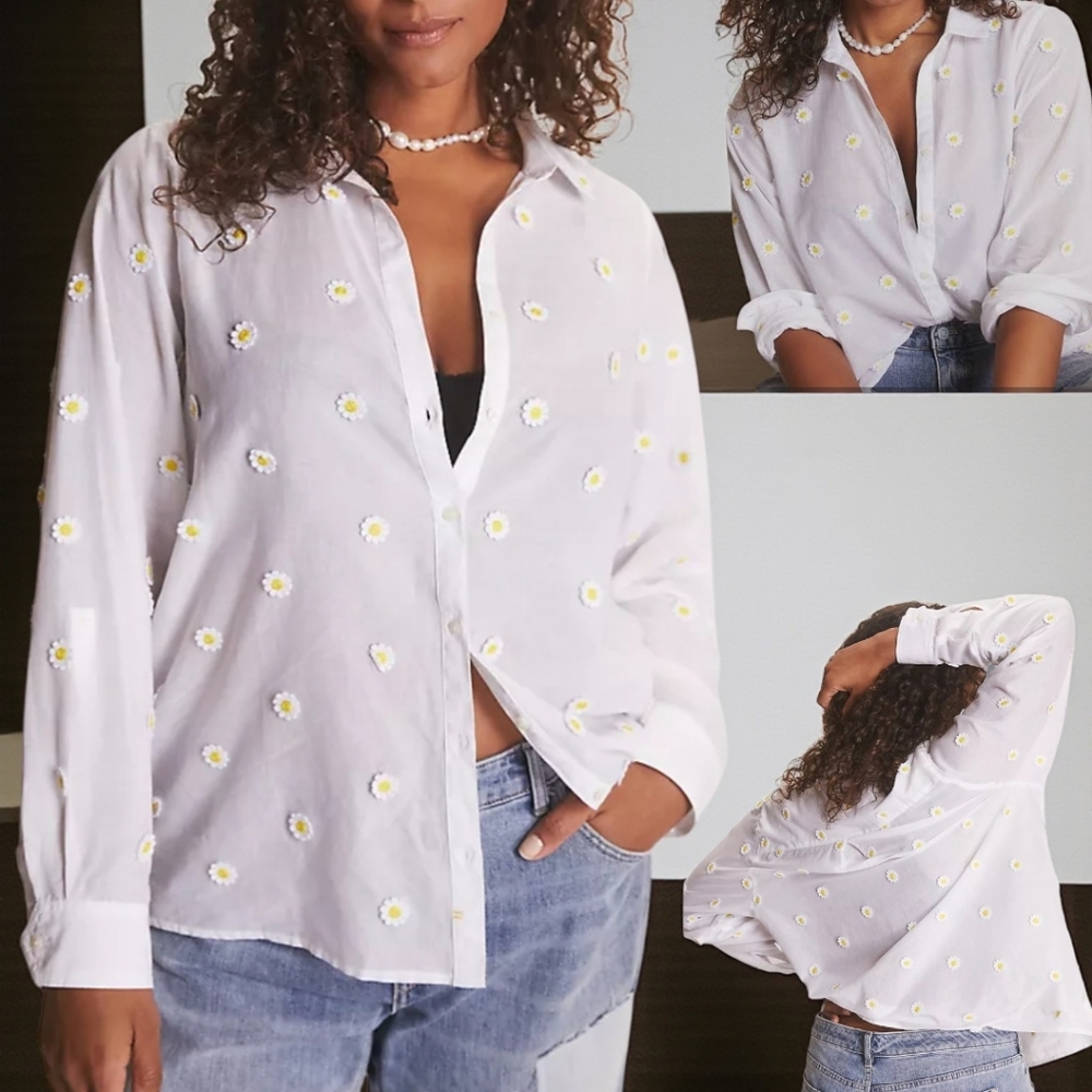 NWOT ANTHROPOLOGIE MAEVE (XS/S) Classic Cotton White Daisy Button Down
